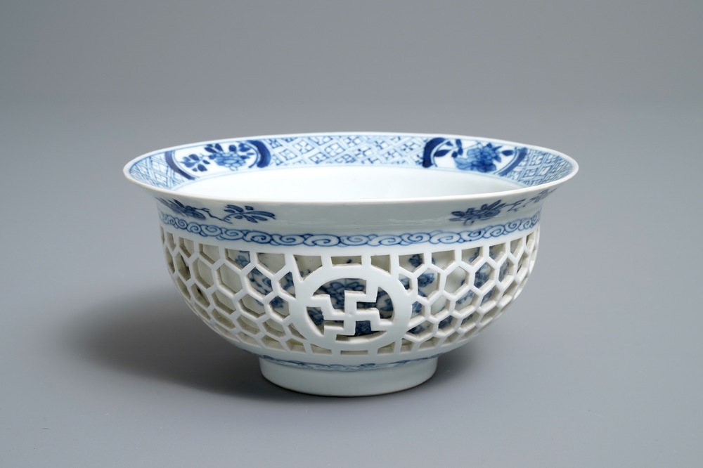 A Chinese blue and white reticulated double-walled bowl, Kangxi